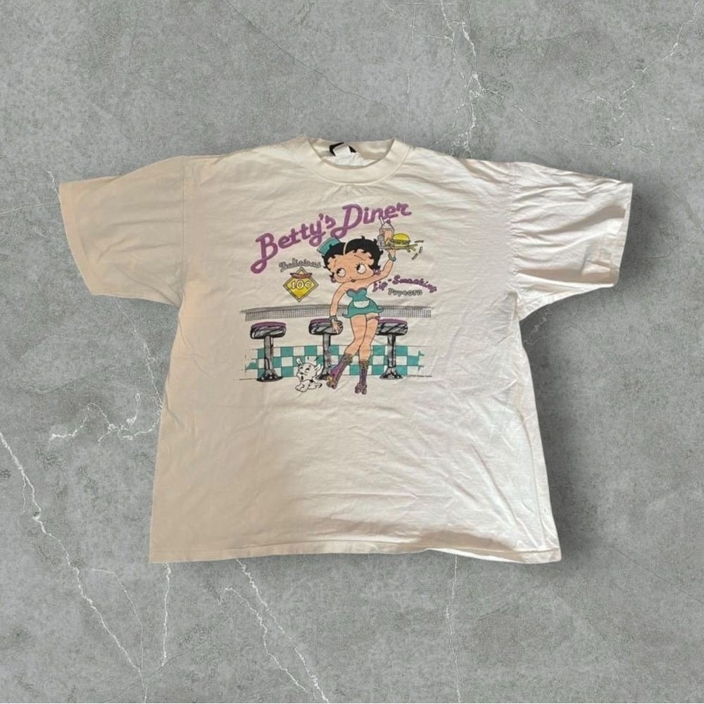 Vintage Betty Boop Shirt Mens XL White 90s Betty's Diner Restaurant Diamond Dust
